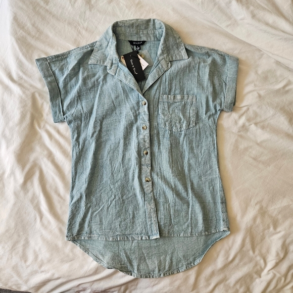 NWT SIM & SAM SHORT SLEEVE DENIM BUTTON UP SHIRT - Picture 7 of 7